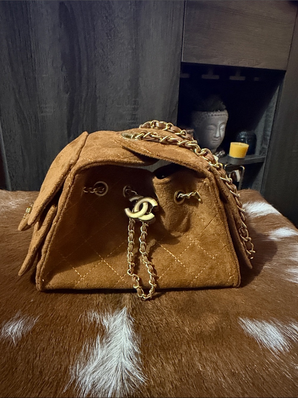 Suede Quilted Shoulder Bag - Brown with Gold Hardware
